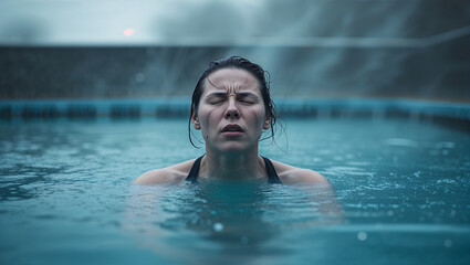Woman Immersed In Hot Spring Experiencing Sensory Overload And Serene Relaxation