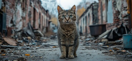 Resilient feline amidst ruins, a symbol of survival in a war-torn urban landscape
