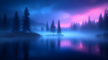 Misty Forest Lake at Night with Pink and Blue Sky