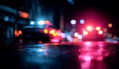 Night City Lights Reflect on Wet Asphalt, Showing Vivid Colors and Blurry Bokeh Effects of Emergency Vehicle Lights and City Traffic in the Distance.