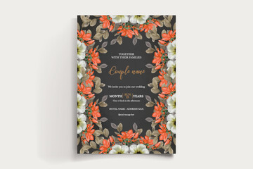 WEDDING INVITATION FRAME WITH FLOWER DECORATIONS AND FRESH LEAVES