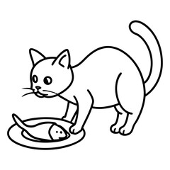 cat eating fish from a dish outline on white background