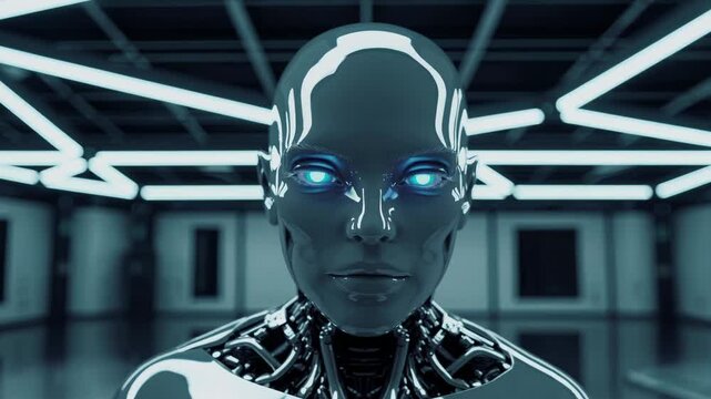 Realistic gynoid awakening in futuristic laboratory