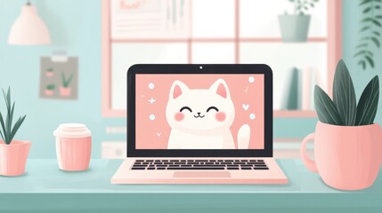 Cute cat illustration on laptop screen with aesthetic pastel workspace, coffee cup, and greenery decor