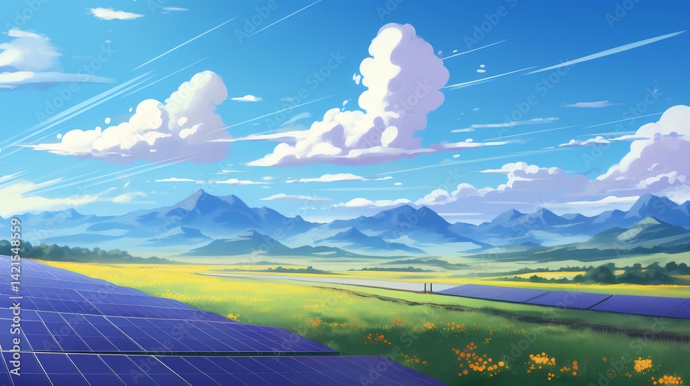 Poster 青い空の下 太陽光発電パネルと山々 花咲く草原の風景 イラストレーション