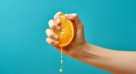 Hand squeezing fresh orange against blue background with juice dripping