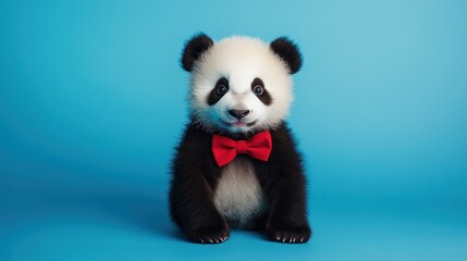 Fototapeta premium A cute baby panda wearing a red bow tie
