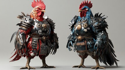 Two majestic roosters, adorned in ancient armor, stand proudly. Their vibrant plumage contrasts with the weathered metal.