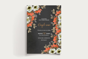 WEDDING INVITATION FRAME WITH FLOWER DECORATIONS AND FRESH LEAVES
