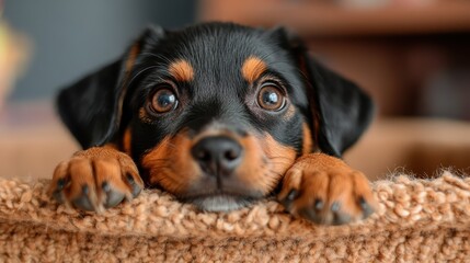 Obraz premium An adorable puppy resting its head on a cozy surface, with big, bright eyes that reflect warmth, innocence, and a sense of comfort and security in its environment.