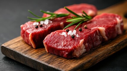 The image displays three raw beef cuts laid on a dark wooden board, garnished with rosemary and pepper, emphasizing their freshness and appealing color for culinary purposes.