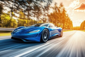 Fast electric sports car on a scenic road