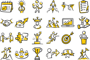 Hand drawn business success and growth doodle icon set for Leadership and Achievement © Walid Hasan