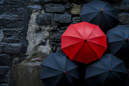 Red umbrella among black umbrellas against a dark stone wall
