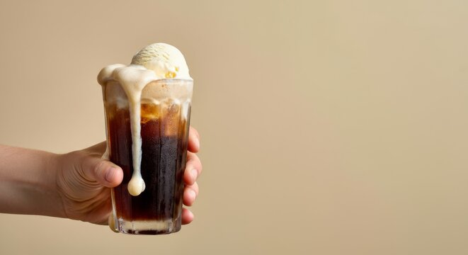 Hand holding delicious ice cream float with vanilla scoop in glass