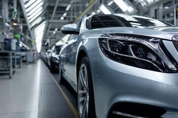 Fototapeta premium Luxury Sedan Assembly Line: Vehicles Manufactured Efficiently in Modern Factory