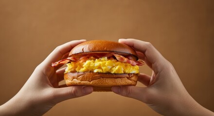 Delicious breakfast sandwich with eggs and crispy bacon held by hands against brown background