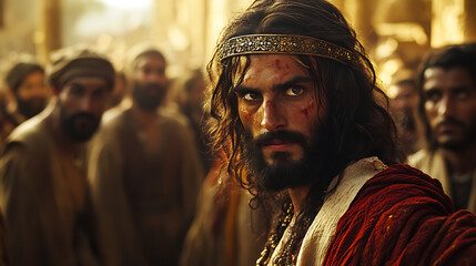 Obraz premium A dramatic moment as Jesus reads a bold line from the scroll, and some in the synagogue react with shock, captured mid-expression under dim lantern light. Created Using: chiaroscuro drama tones,