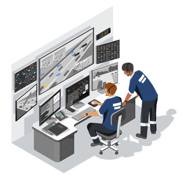 Technicians monitoring traffic flow and infrastructure systems from a high-tech urban control room with real-time data dashboards and surveillance screens isometric cartoon