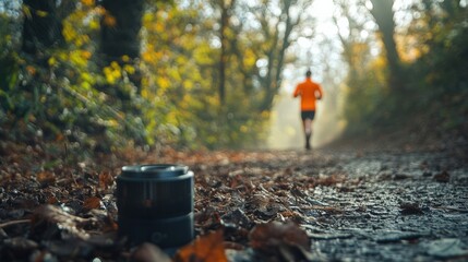 Obraz premium Runner on a forest trail during autumn with fallen leaves and a camera lens in focus in the foreground.