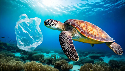 Fototapeta premium sea turtle gracefully swims through vibrant underwater scene, encountering plastic bag that highlights issue of ocean pollution