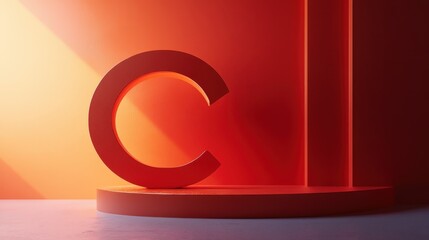 Fototapeta premium Abstract red background with a large 3D letter C on a stage highlighting modern minimalistic design elements