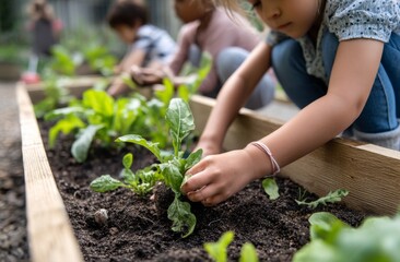 Children Planting Young Green Plants in Garden Beds Outdoors