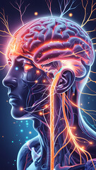 Illustration showing the brain sending visual signals to the eyes via the optic nerve, with glowing neural pathways, electric impulses traveling from the occipital lobe to the eyeballs.