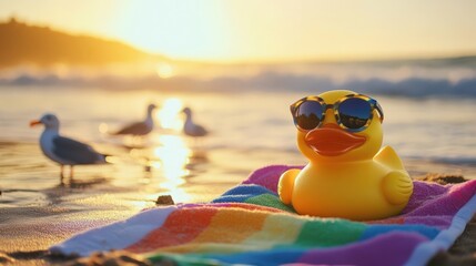 Obraz premium A cheerful rubber duck enjoys a sunny beach day with sunglasses, nearby seagulls, and gentle waves under a warm sunset glow.