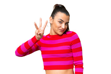 Obraz premium Young beauty woman over isolated chroma key background happy and counting three with fingers
