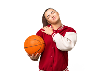 Young Woman playing basketball over isolated chroma key background suffering from pain in shoulder for having made an effort