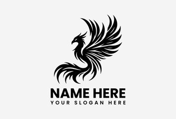 Black phoenix bird vector logo with wide spread wings, elegant mythical creature emblem in bold silhouette style