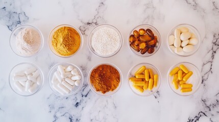 Assorted Dietary Supplements and Powders in Glass Bowls on Marble Surface