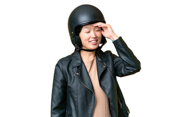 Young Asian woman with a motorcycle helmet over isolated chroma key background has realized something and intending the solution