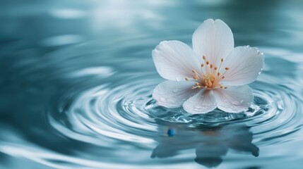 Elegant White Flower Petal Floating on Calm Water Surface with Gentle Ripples and Soft Reflections