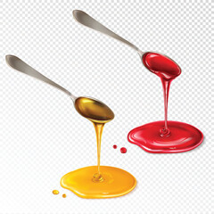 Sweet honey and jam dripping from a spoon, isolated on a white background
