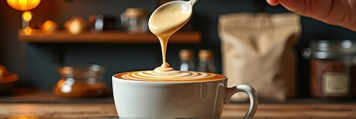 Creamy latte art creation in cozy coffee shop setting