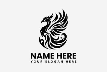 Minimalist black phoenix bird logo vector, wide wings mythical firebird design with clean and modern style