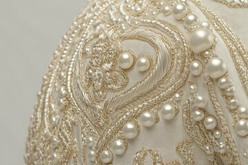 Obraz premium Detailed pearl embroidery on off-white bridal dress, design element for wedding fashion and couture