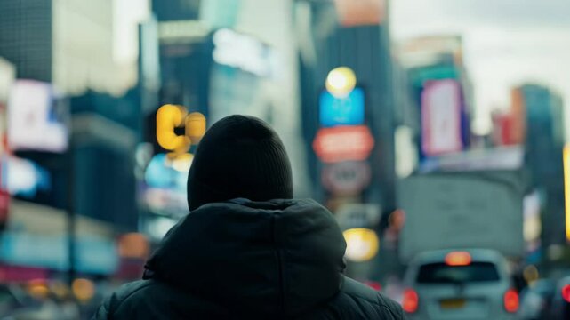 Zoom out video of a homeless person, gradually expands, bustling urban activity, underscores contrast, isolation and city life