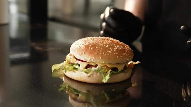 The chef's hands have prepared a burger on summer day 
