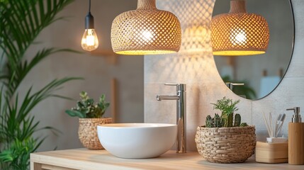 Fototapeta premium Modern Bathroom Decor with Wooden Elements, Cozy Plants, and Bright Lighting for Relaxing Atmosphere