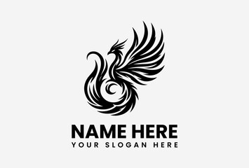 Majestic black phoenix with spread wings rising from flames, mythical rebirth emblem for powerful branding