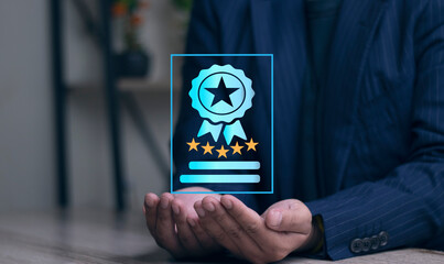 Quality Assurance Certificates Compliance Control Audits Certifications Best Quality with Five Gold Stars for Product Assurance and Service Concept ISO Satisfaction Happiness