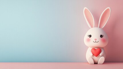 Obraz premium Cute cartoon rabbit with pink heart sitting against pastel background for Easter or spring celebrations