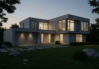 Fototapeta premium Contemporary Residence at Dusk: Architectural Elegance and Tranquil Ambiance