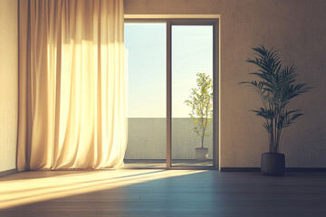 Sunlit room with beige curtains wooden floor glass door and potted plants