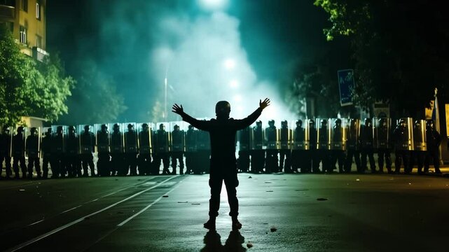 A lone protester standing against a line of police in riot gear under dim streetlights, capturing the essence of civil unrest late at night.