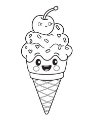 Kawaii Ice Cream Cone with Cherry – Sweet Dessert Coloring Page