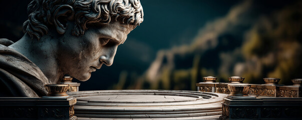 Marble Statue of Caesar Augustus Overlooking Ancient Roman Courtyard &mdash; Concept of Empire, Leadership, and Legacy